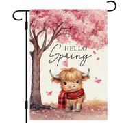 Drapeau Bonjour Vache Des Highlands, Papillon Fleur De Cerisier Drapeaux De Jardin Léger Bannière Inaltérable Grand Pour Pelouse Côtière 30X45Cm