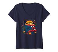Drapeau Boricua Pride de Porto Rico pour Enfants T-Shirt avec Col en V, Femme, Bleu Marine, XL
