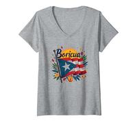Drapeau Boricua Pride de Porto Rico pour Enfants T-Shirt avec Col en V, Femme, Gris Chiné, XXL