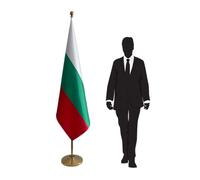 Drapeau Bulgarie avec mât et pied en inox - drapeau officiel de prestige pour ambassades, ministères, universités et bureaux. Pied Ø 360mm, inox finition dorée, hampe pointe ronde. Code CN7-BG