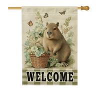 Drapeau Capybara floral vintage pour jardin, bannière de bienvenue à motif papillon vert, bannière de bienvenue à la maison, style rustique printanier naturel, décoration de cour, fête, extérieur