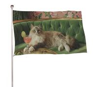 Drapeau chat allongé sur un canapé vert 0,9 x 1,5 m - Bannière décorative pour cour, porche, pelouse, ferme