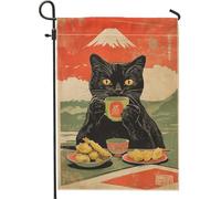Drapeau Chat Japonais Noir Savourant Un Thé Drapeau Paysage Imprimé Lavable Bannière, Pour D'Intérieur, Les Bureaux, Jardin, 30x45cm