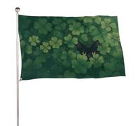 Drapeau chat noir derrière un tas de trèfles verts 9,5 x 1,5 m - Bannière décorative pour cour, porche, pelouse, ferme