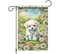 Drapeau Chien Blanc Mignon Avec Des Fleurs, Des Flacons De Parfum Et Un Bonjour Drapeau De Bienvenue Personnalisés Lavable Bannière, Pour Les Défilés, Les Bureaux, D'Intérieur, 30x45cm