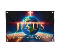 Drapeau chrétien de Jésus avec citation « Jésus Sauveur du monde » avec quatre œillets en laiton - Drapeaux décoratifs religieux en polyester pour églises - Bannières créatives sur un seul côté pour