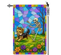 Drapeau Cimetière hanté avec un chien squelette Drapeau De Jardin Maison | 30x45cm extérieur drapeaux drôle pelouse drapeaux pour intérieure fête d'anniversaire Jardin
