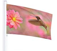 Drapeau Colibri 4x6 FT Oiseau avec Fleur Rose Floraison Nature Tropique Drapeaux Extérieurs Grandes Bannières de Cour de Bienvenue Maison Jardin Cour Pelouse Décor