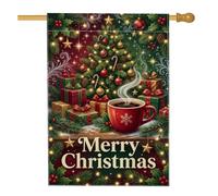 Drapeau confortable pour maison d'arbre de Noël 71,1 x 101,6 cm | Tasse à café vapeur, drapeau de cour, boîtes cadeaux emballées, branches de pin, atmosphère de soirée d'hiver