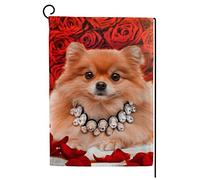 Drapeau Corsaire Un adorable chien poméranien assis sur des pétales de Roses avec œillets Bruant Double Couture Drapeau Pirate pour Balcon Intérieur 30x45cm