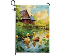 Drapeau Cottage River Farmhouse Duck Flower Plant Cloud Sky Tree Cartoon Jaune Vert Lin 30X45Cm Drapeaux Imprimé Résistant Aux Intempéries Bannière Cour Pour Toutes Les Saisons Chambres