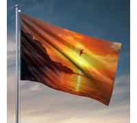 Drapeau d'automne pour homme avec coucher de soleil sur la côte rocheuse avec mouette volante (60 x 90 cm)