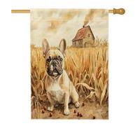 Drapeau d'automne pour maison de chien bouledogue français 71,1 x 101,6 cm pour extérieur, ferme, chiot, drapeau vertical standard en lin, drapeau de maison, blé de campagne pour animaux de compagnie