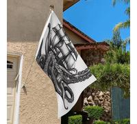 Drapeau de 0,9 x 6,1 m résistant à la décoloration pour extérieur Bannière décorative noire et blanche en forme de pieuvre et de bateau, drapeaux de jardin, drapeau mural double face avec œillets en