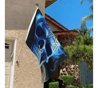 Drapeau de 0,9 x 6,1 m résistant à la décoloration pour l'extérieur - Bannière décorative avec impression 3D - Tête de mort bleue - Drapeaux de jardin double face avec œillets en laiton - Toile de