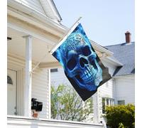 Drapeau de 0,9 x 6,1 m résistant à la décoloration pour l'extérieur - Bannière décorative - Impression 3D - Tête de mort bleue - Drapeaux de jardin double face avec œillets en laiton - Toile de fond