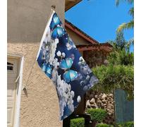 Drapeau de 0,9 x 6,1 m résistant à la décoloration pour l'extérieur - Bannière décorative - Papillons bleus et fleurs blanches - Drapeau mural double face avec œillets en laiton - Toile de fond