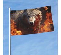 Drapeau de 150 cm x 90 cm pour extérieur et intérieur avec œillets pour printemps, été, loup brûlant dans le feu pour extérieur, jardin, cour, bannière décorative pour porche et décoration de ferme
