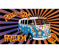 Drapeau de 150 x 90 cm Peace Love Freedom Camper Van Festival 100 % polyester Idéal pour pub, club, école, festival, décoration de fête