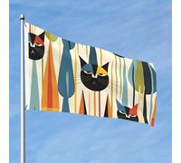 Drapeau de 60 cm x 90 cm pour extérieur et intérieur avec œillets - Printemps été milieu du siècle - Art moderne - Drapeau de chat pour extérieur - Bannière décorative - Drapeau de bienvenue