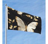 Drapeau de 90 x 60 cm - Décoration d'extérieur - Bannière robuste - Papillons dorés et blancs - Drapeaux noirs en polyester 200D avec 2 œillets - Drapeau de jardin pour intérieur et extérieur - Pour