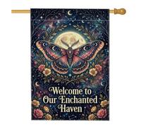 Drapeau de bienvenue céleste de papillon enchanté 71 x 101 cm | Motif pleine lune, drapeau de pelouse, motifs célestes, accents floraux mystiques, signalisation accueillante de la maison