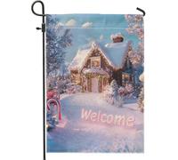 Drapeau de bienvenue de jardin d'hiver au pays des merveilles, drapeau de décoration de cour de maison enneigée, panneau de vacances en plein air double face pour Noël, décoration