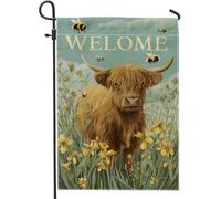 Drapeau de bienvenue de printemps et d'été, drapeau de jardin de vache des hautes terres, bourdon floral, décoration de la maison, drapeau rustique de patio extérieur, décoration de pelouse