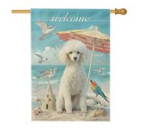 Drapeau de bienvenue d'été, de plage, de jardin, caniche blanc, perroquet, château de sable, bannière de décoration côtière, bannière double face pour décoration de pelouse, fête de vacances, drapeau