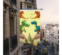 Drapeau de bienvenue double face 90 x 150 cm pour extérieur, drapeau de maison vertical, jolis dinosaures de dessin animé, grand drapeau de jardin, bannière de fête avec œillets en laiton, drapeau déc