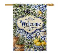 Drapeau de bienvenue méditerranéen rustique vert olive lavande été bleu été double face en toile de jute décorative pour extérieur, terrasse, pelouse, entrée, camping 71,1 x 101,6 cm