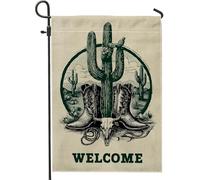 Drapeau de bienvenue occidental, bottes de cowboy cactus vert, bannière de jardin, bannière double face en toile de jute, décoration de pelouse extérieure, 30,5 x 45,7 cm