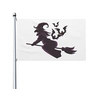 Drapeau De Bienvenue Silhouette D'Une Sorcière Volant Sur Un Balai Et D'Une Chauve-Souris Volante Durable Drapeau Jardin Double Face Bannière Décorative Pour Extérieure Porche 3X5 Ft