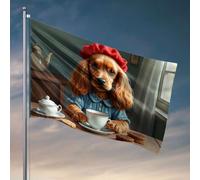 Drapeau de camping-car Un chien vêtu d'une robe bleue avec boutons, assis à une table avec une tasse de thé et des cookies. Drapeaux cool pour chambre (120 x 180 cm)