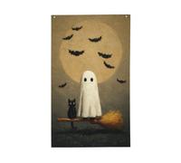 Drapeau de chat blanc mignon fantôme assis sur un balai, cour, maison, bannière de vœux avec œillets, décoration d'intérieur et d'extérieur