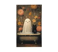 Drapeau de chat noir mignon fantôme dans la baignoire, cour, maison, bannière de vœux avec œillets, décoration d'intérieur et d'extérieur
