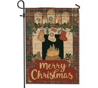 Drapeau de cheminée de jardin, chaussettes de Noël rustiques pommes de pin rouges en toile de jute double face pour extérieur, terrasse, pelouse, porche, entrée, camping 30,5 x 45,7 cm