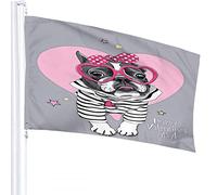 Drapeau de chien 4x6 FT Saint Valentin Bouledogue français en cardigan rayé avec lunettes en forme de cœur rose Drapeaux d'extérieur à pois Grandes bannières de cour de bienvenue Décoration de pelou