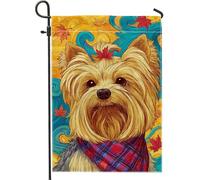 Drapeau de chien d'automne Yorkshire Terrier jaune avec feuilles Bannière de décoration d'intérieur double face en toile de jute pour décoration de pelouse extérieure 30,5 x 45,7 cm