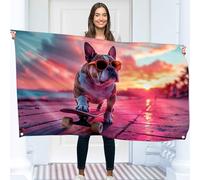 Drapeau de chien de skateboard - Grand drapeau amusant - Polyester 110D - Double couture - 4 œillets en laiton, grand format 90x150cm (5x3pieds)