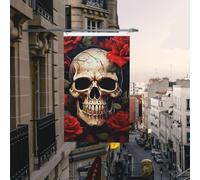 Drapeau de cour double face de 0,9 x 1,5 m pour extérieur/intérieur - Drapeau brise crâne rose rouge - Bannières de bienvenue pour jardin, maison, vacances, décoration d'intérieur