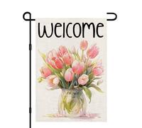Drapeau De Cour Welcome Tulipes Roses 30X45Cm Drapeaux De Jardin Double Face Résistant Bannière Cour Pour Plage Porte Vacances