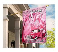 Drapeau De Décoration Supérieure Jardin Signe Durable Drapeau De Jardin Décoration Pour Pelouse Patio Porche Sensibilisation Au Cancer Du Sein : Camion Rose « Jésus Prends Le Volant » M
