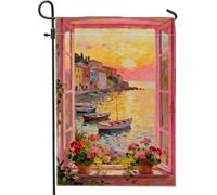 Drapeau de fenêtre de jardin, impressionnisme, bateaux côtiers, fleurs, pêche d'été, double face, en toile de jute décorative pour extérieur, terrasse, pelouse, porche, balcon 30,5 x 45,7 cm