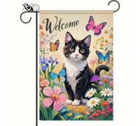 Drapeau De Festival Chat Joueur Avec Des Fleurs Et Des Papillons 30X45Cm Drapeaux De Maison Décoratif Suspendre Bannières Pour Fêtes Ferme Toutes Les Saisons