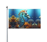 Drapeau de fête imprimé hippocampe bleu 0,9 x 1,5 m Bannière festive avec œillets Convient pour les fêtes et le camping
