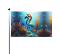 Drapeau de fête imprimé hippocampe corail fond marin 9,5 x 1,5 m Bannière festive avec œillets Convient pour les fêtes et le camping