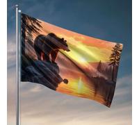 Drapeau de grotte pour homme avec un ours debout sur un rocher près d'un lac serein au fur et à mesure que le soleil se couche - Drapeaux amusants pour décoration de chambre de fille (120 x 180 cm)