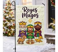 Drapeau de jardin 30,5 x 45,7 cm avec citation des trois mages Reyes Magos | Thème du jour des trois rois, drapeau de cour, motif de personnage de dessin animé, illustration de chameau, Roscón De Reyes