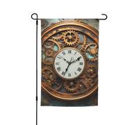 Drapeau de jardin 30,5 x 45,7 cm double face, drapeau de ferme de vacances de cour, horloge steampunk rouillée, bannière extérieure saisonnière pour printemps, été, pelouse, porche, décoration